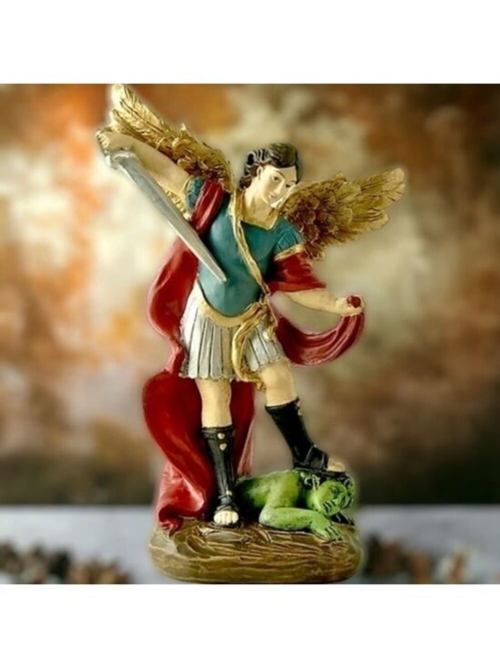 Beautifully Handcrafted Colorful Resin St. Micheal Archangel Statue NWT